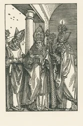 Piispa Pyhä Nikolaus, pyhät Ulrich ja Erasmus, noin 1505 (puupiirros).