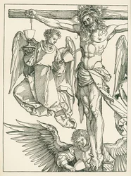 Kristus ristillä kolmen enkelin kanssa, noin 1513-13 (puupiirros).