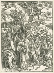 Neljä enkeliä pysäyttää tuulet ja valittujen allekirjoittaminen. Johanneksen ilmestys, noin 1497-98 (puupiirros).