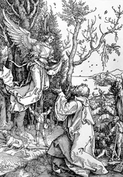 Joachim ja enkeli "Life of the Virgin" -sarjasta, pub. 1511 (puupiirros)