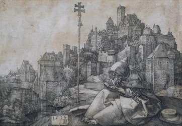 Pyhä Antonius istuu kaupungin edessä - Albrecht Durerin kuparikaiverrus (1471-1528)