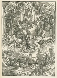 Pyhä Johannes Jumalan ja taivaassa olevien kahdenkymmenenneljän vanhimman edessä. Johanneksen ilmestys, noin 1496 (puupiirros).