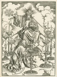 Pyhän Johanneksen näky Kristuksesta ja seitsemästä kynttilänjalasta. Johanneksen ilmestys, n. 1496-98 (puupiirros).