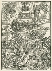 Enkelten taistelu. Johanneksen ilmestys, noin 1496-98 (puupiirros).