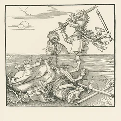 Ulkomaan turnaus. Maximilian on nostanut vastustajansa Jacop de Herin satulasta, noin 1517-18 (puupiirros).