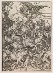 Maailmanlopun neljä ratsumiestä, teoksesta "Maailmanloppu", noin 1497-98 (puupiirros).