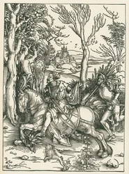 Ritari ja Landsknecht, noin 1496 (puupiirros).