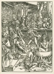 Johannes evankelistan marttyyrikuolema, noin 1496-97 (puupiirros).