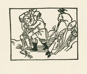 Pappi makaa niityllä, korppi kurkkii onttoon kiveen, n.1489-90 (puupiirros).