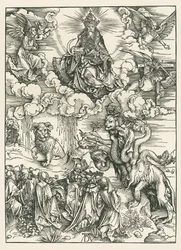Merihirviö ja peto, jolla on karitsan sarvet. Johanneksen ilmestys, noin 1496-97 (puupiirros).