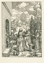 Vierailu - Pyhä Maria vierailee pyhän Elisabethin luona, noin 1503-04 (puupiirros).