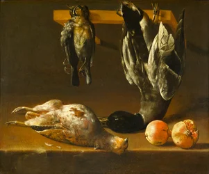 Asetelma lintujen ja granaattiomenoiden kanssa, n. 1620-1640