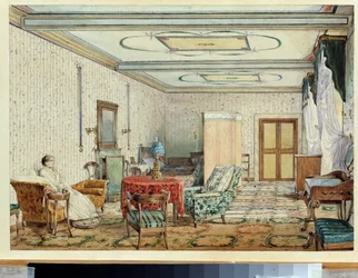 Sisustus (sisustus). Aleksanteri Andrejevitš Ivanovin (1806-1858) teos, akvarelli ja valkoinen paperille, 1800-luvun venäläistä taidetta. Valtion taidemuseo, Nižni Novgorod (Venäjä)