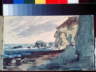 Surf. Näkymä rannalle lähellä kallioita. Aleksanteri Andrejevitš Ivanovin (1806-1858) teos, akvarelli paperille