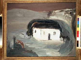 Maisema valkoisen talon kanssa. Alexander Davidovich Drevinin (1889-1938) maalaus. Öljy kankaalle, 74 x 92 cm