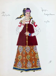 Pukusuunnittelu Aleksanteri Ostrovskin näytelmään Myrsky, 1916.