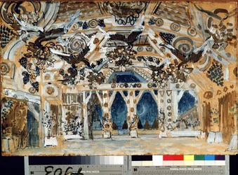Decor pour la piece de teatr La Dame de la mer de Henrik (Henri) Johan Ibsen (1828-1906) (Lavastus H. Ibsenin teatterinäytelmään Lady from the Sea). Aleksanteri Jakovlevich Golovinin (Alexandre Golovine) (1863-1930) teos, pastelli, sur kartonki