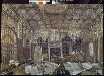 William Shakespearen (1564-1616) kappaleen ""Othello"" sisustussuunnittelu (William Shakespearen Othello-näytelmän lavastaminen) - Alexander Yakovlevich Golovinin kuva (Alexandre Golovine) (1863-1930), tempera sur bois