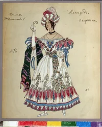 Pukusuunnittelu Mihail Lermontovin (1814-1841) näytelmään le bal naamio (M.Lermontovin näytelmän Naamiainen pukusuunnittelu). Aleksanteri Jakovlevich Golovin (Aleksandri Golovin) (1863-1930) työ, vesiväri, guassi, muste ja kynä pannassa