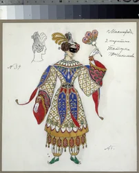 Pukusuunnittelu Mihail Lermontovin (1814-1841) näytelmään le bal naamio (M.Lermontovin näytelmän Naamiainen pukusuunnittelu). Aleksanteri Jakovlevich Golovin (Aleksandri Golovin) (1863-1930) työ, vesiväri, guassi, muste ja kynä pannassa