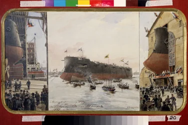 Battlecruiser Pamiat Azovan laukaisu. Alexander Karlovich Beggrovin (1841-1914) maalaus. Akvarelli ja muste paperille, 33 x 60 cm