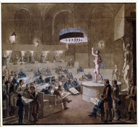 Eläviin malleihin perustuvat oppitunnit Taideakatemiassa (Taideakatemian malliluokka). Aleksei (Alexis) Gavrilovich Venetsianovin (1780-1847) työ, akvarelli paperille