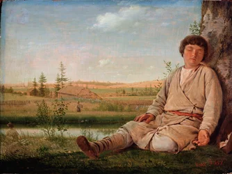 Garcon berger endormi (nukkuva paimenpoika) - Peinture de Alexey Gavrilovich Venetsianov (1780-1847), huile sur toile