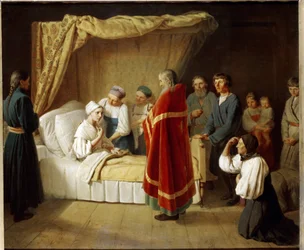 Eukaristia kuolevaisille. Ortodoksisen kirkon pappi tulee sairaan naisen sängyn viereen antamaan tälle liturgisen sakramentin, perheenjäsenten ympäröimänä. Aleksei (Alexis) Gavrilovich Venetsianovin maalaus (