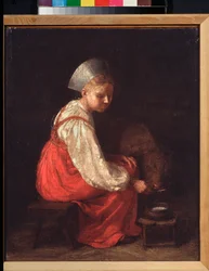 Talonpoikatyttö vasikalla - Aleksei Gavrilovich Venetsianovin (1780-1847) maalaus öljy kankaalle