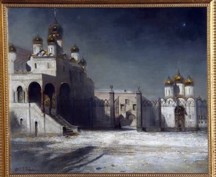 Katedraaliaukio Moskovan Kremlissä yöllä. (Moskovan Kremlin katedraaliaukio yöllä). Aleksei Kondratjevitš Savrasov (Savrasov) (1830-1897) maalaus, öljy kankaalle