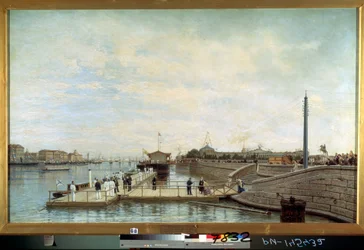 ""Seremonia tsaari Pietari I Suuren (1672-1725) 200-vuotisjuhlaan (200 vuotta) Pietarin Nevalla"" Aleksei Petrovitš Bogolyubovin (Bogoliubov tai Bogolioubov) maalaus (1824-1896) 1872 Venäjän valtio Museo, Sain