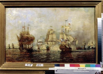Suuri Pohjansota (1700-1721): Venäjän ensimmäinen Ruotsin meritaistelu Osel-saarilla 4. kesäkuuta 1719. (Ensimmäinen Venäjän Ruotsin meritaistelu Osel-saarella). Aleksei Petrovitš Bogolyubovin (Bogoliubov tai Bogolioubov) maalaus (1824-1896). öljyä sinulle