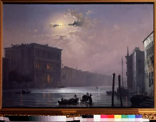 Canal Grand Venetsiassa (Italia (The Grand Canal in Venetsian). Maalaus: Aleksei Petrovitš Bogolyubov (Bogoliubov tai Bogolyubov) (1824-1896). Öljy kankaalle, vuoden 1854 jälkeen, 63,8 x 90,5 cm, venäläinen taide. Valtio V. Tropinin Museo, Moskova.