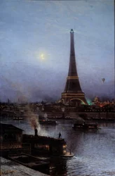 Näkymä Eiffel-tornista yöllä vuonna 1889 Aleksei Petrovitš Bogoliouboffin maalaus