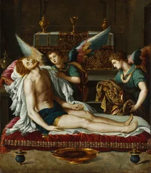 Le Corps du Christ oint par deux anges - Kahden enkelin voitelema Kristuksen ruumis - Allori, Alessandro (1535-1607) - noin 1593 - Öljy kuparille - 45x39 - Szepmuveszeti Muzeum, Budapest