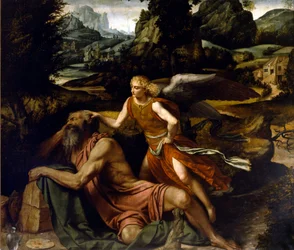 Enkeli oikaisee nukkuvan Elian Maalauksen tekijä: Alessandro Bonvicino dit il Moretto (1498-1554) 1500-luvun Brescia, San Giovanni Evangelistan kirkko