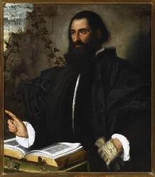 Pietro Andrea Mattiolin muotokuva (Pierandrea Matthioli, Matthiole, Matthiolus (1501-1578), italialainen lääketiede ja kasvitieteilijä) .Peinture de Alessandro Bonvicino dit il Moretto (1498-1554), huile sur toile, 84x75 cm Genova museo, © Strada Lu Nuova 
