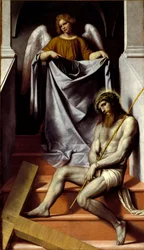 Kristuksen kärsimys ja enkeli Kristus lankeaa kärsimykseen lähellä ristiään. Alessandro Bonvicinon maalaus dit Il Moretto da Brescia (1498-1554) 1500-luvun su. 209x126 cm Brescia, Pinacoteca Tosio Martinengo