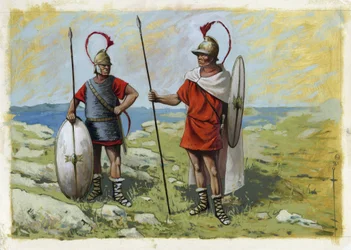 Muinainen Kreikka: tureoforipalkkasoturi (Thureophoros tai Thureophoroi) (3.-1. vuosisadalla eKr.) (oikealla) ja Thorakitit (Thorakitai) (vasemmalla). Piirustus Alessandro Lonati
