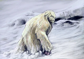 Fantastisia hirviöitä ja olentoja, kryptozoologia: kuvaus jetistä eli "kauhistuttavasta lumimiehestä", Himalajan alueen kansanperinteeseen kuuluvasta antropomorfisesta olennosta (jetin eli kauhistuttavan lumimiehen sanotaan olevan apinan kaltainen