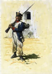 Ensimmäinen valtakunta (1804-1804 ja 1815): jalkaväkisotilas ja suuren Napoleonin armeijan ranskalaisen jalkaväen prikaatin tykkimies linnakkeessa. Piirustus Alessandro Lonati.