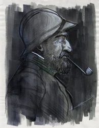 Ensimmäinen maailmansota 1914-1918: Profiilimuotokuva Italian armeijan sotilasta tupakoimassa piippua vuonna 1915. Piirustus Alessandro Lonati