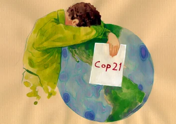 Maapallon tulevaisuus, itkevä mies pitelee käsissään COP21-kylttiä (Yhdistyneiden kansakuntien ilmastonmuutoskonferenssi 2015), joka pidettiin Pariisissa ja jonka oli tarkoitus löytää ratkaisuja ilmaston lämpenemiseen ja saastumiseen