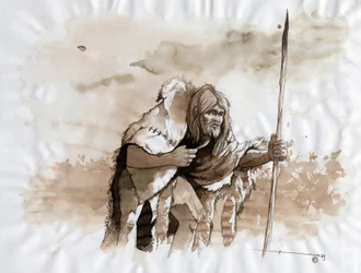 Esihistoria: Neandertalin tai neandertalin miehen esitys keskipaleoliittissa. Piirustus Alessandro Lonati