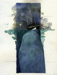 Näkymä Atlantin ylittävästä linja-autosta Titanic uppoamishetkellä 14. ja 15. huhtikuuta 1912, jonka aiheutti törmäys jäävuoreen. Kuvitus Alessandro Lonati. 2011