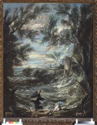 Pyhä Augustinus ja vauva (St Augustine and the Baby). Alessandro Magnascon maalaus, joka tunnetaan nimellä il Lissandrino (1667-1749)