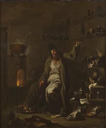 Un alchimiste - Alchemist, kirjoittanut Magnasco, Alessandro, dit Il Lissandrino (1667-1749). Öljy kankaalle. Mitat: 71,5x59,5 cm. Tukholman kansallismuseo