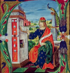 Historiallinen kuningas Salomoa esittävä A-kirjain, Lombardian koulukunta, n. 1499-1511.