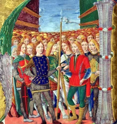 Historiallinen alkukirjain N, joka kuvaa St. Mauricea ja Theban-legioonaa, Lombardian koulu, n. 1499-1511
