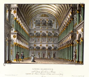 Upea paikka: suurenmoinen palatsin sali holvattu Skenografia Teatro Carcanon esitykseen vuonna 1829 Niccolo Antonio Zingarellin ooppera "Giulietta e Romeo" (1796) William Shakespearen teoksen "Romeo ja Julia" jälkeen. Lith